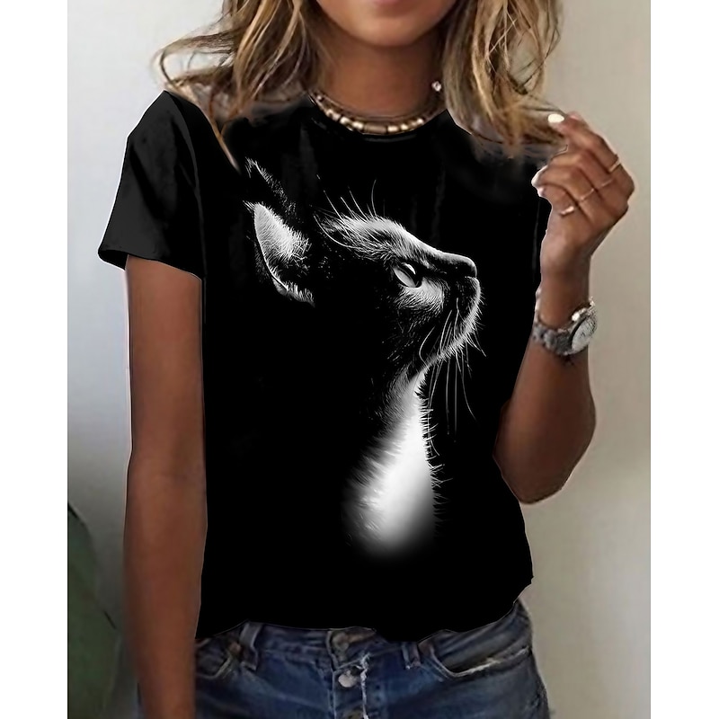 Cat Print Basic Short Sleeve Tee